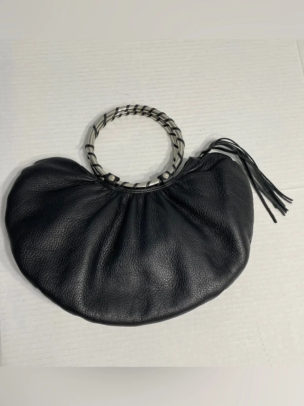 Vintage Babee D Black Leather Ring-Handle hobo bag handbag boho western